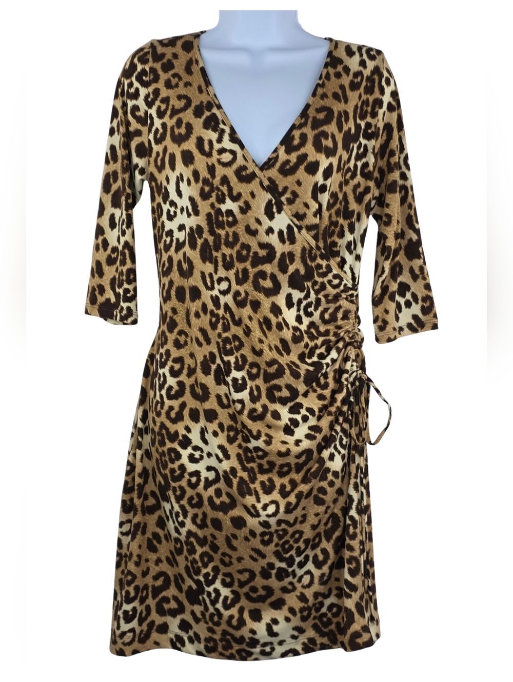 Clara Sun Woo S Cheetah Print Faux Wrap Ruched V Neck Dress 3492-